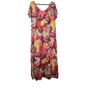 Grecerelle Ladies Sz M Red Colorful Floral Long Dress Side Cut Out